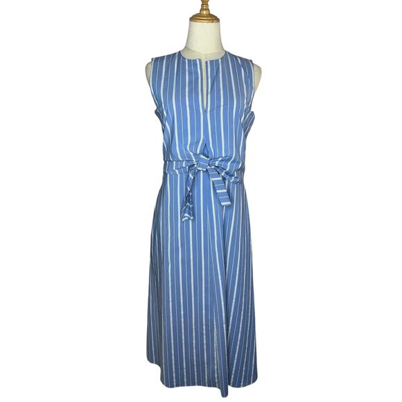 Theory Striped Blue and White Bow Tie Front Midi Sleeveless Modest Dress Size 4 - Picture 4 of 12